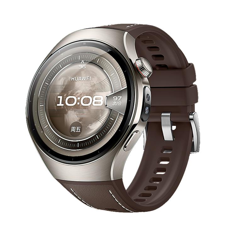 Huawei Watch hybrid silicone and leather band in brown, shown on watch with buckle and adjustment holes