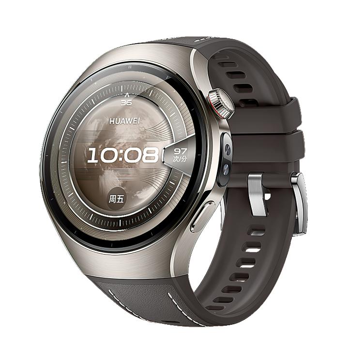 Brown Huawei Watch hybrid silicone and leather band shown on watch with buckle and adjustment holes