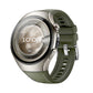 Olive hybrid watch band on a Huawei smartwatch, with stitched edges and adjustment holes