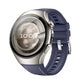 Blue hybrid watch band on a Huawei smartwatch, with stitched edges and adjustment holes
