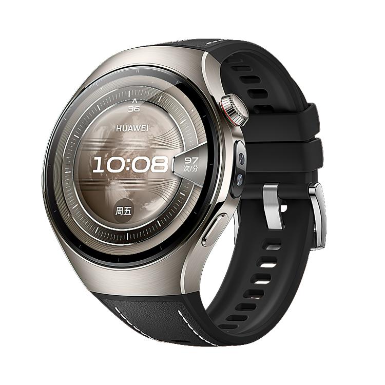 Black hybrid watch band on a Huawei smartwatch, with stitched edges and adjustment holes
