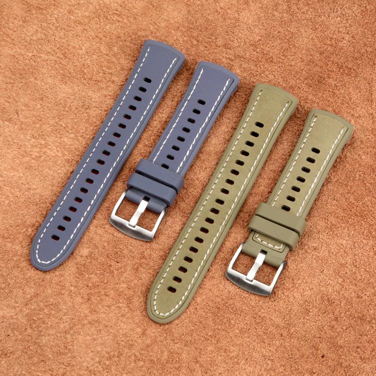 Blue and olive hybrid watch bands with stitched edges, adjustment holes, and metal buckles