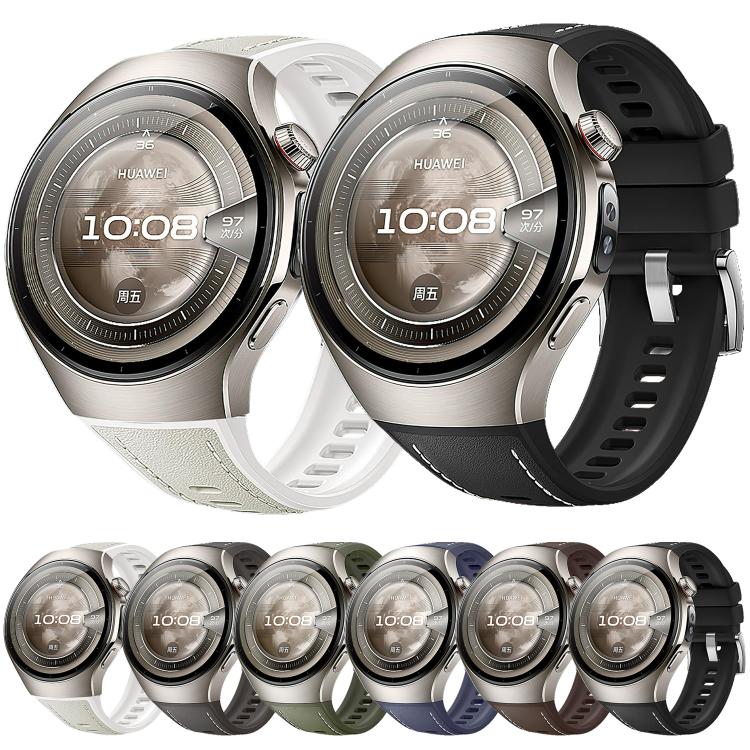 Huawei Watch with white and black hybrid silicone and leather bands; six color options shown below