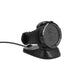 Magnetic charging dock with watch tilted on stand, black