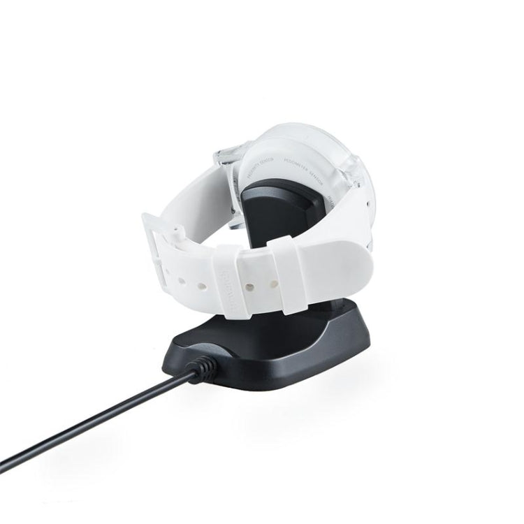 White smartwatch charger with black magnetic cradle and cable base