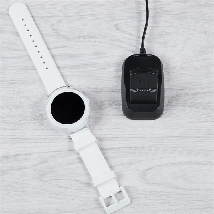 Smartwatch charging set with white band dock, black charging unit, and cable