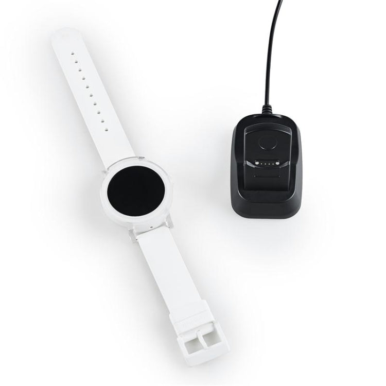 Magnetic charging dock with black cradle and white watch strap holder, USB cable included