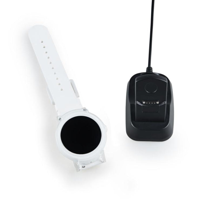 Magnetic charging dock with white watch holder and black dock base, USB cable included