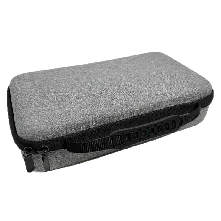 Gray hard-shell eyeglass case with black zipper and carry handle strap