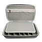 Gray hard eyeglass case with mesh top, flip lid, and compartment inserts
