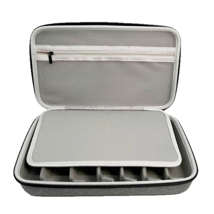 Gray hard eyeglass case with mesh top, flip lid, and compartment inserts