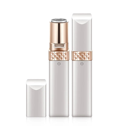 Portable electric epilator with gold-toned top and white body, three-piece view