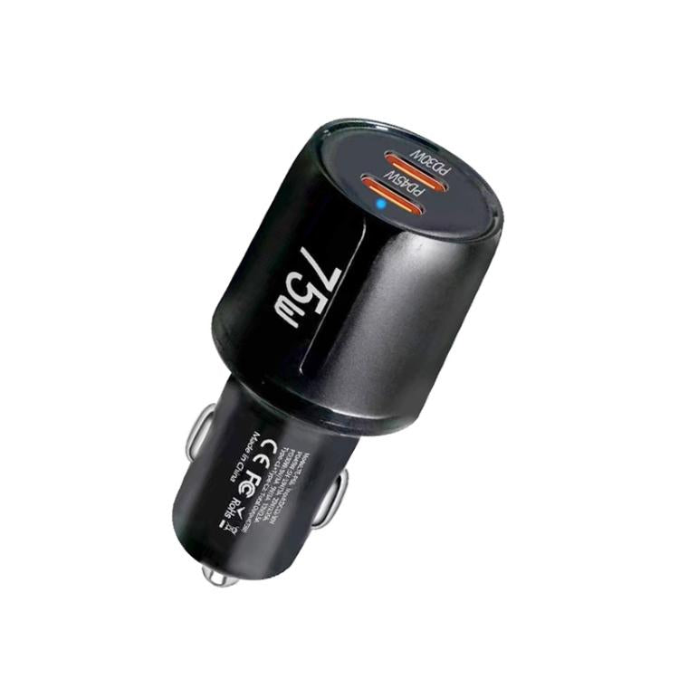 Black car charger with dual USB-C ports and compact cylindrical design