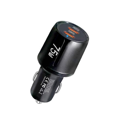 Black car charger with dual USB-C ports and compact cylindrical design