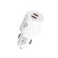 White dual-port USB-C car charger with compact cylindrical body