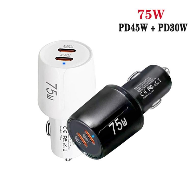 Black and white dual-port USB-C car chargers shown together