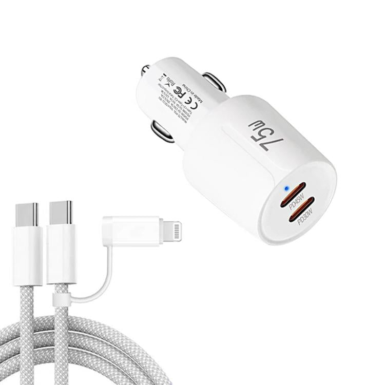 White dual-port car charger with Type-C and 8-pin cable, fast charging 75W