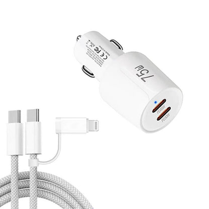 White dual-port car charger with Type-C and 8-pin cable, fast charging 75W