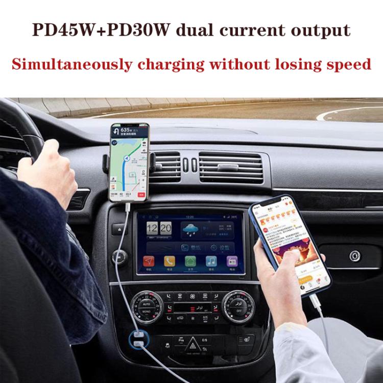 Dual-port car charger with cables charging two phones in a car