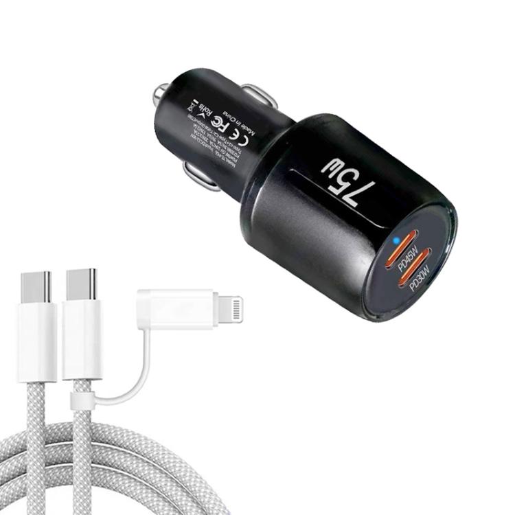 Black dual-port car charger with Type-C to 8-pin cable and 75W charging