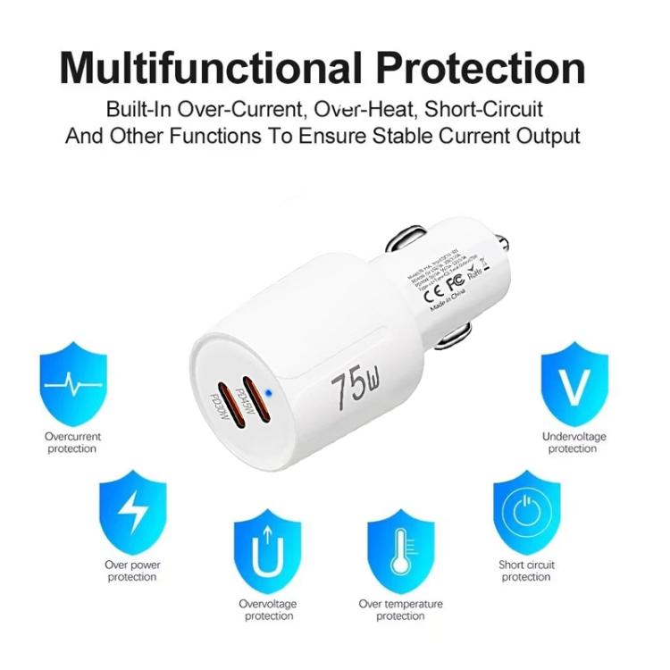 White 75W dual-port car charger with built-in protection indicator icons