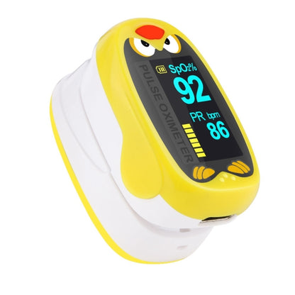Yellow pediatric finger pulse oximeter with OLED display showing 92% SpO2 and PR 86