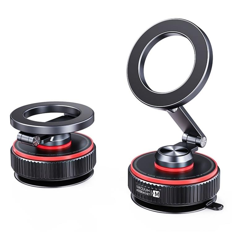 Black car suction cup phone holder with round magnetic mount and folding base