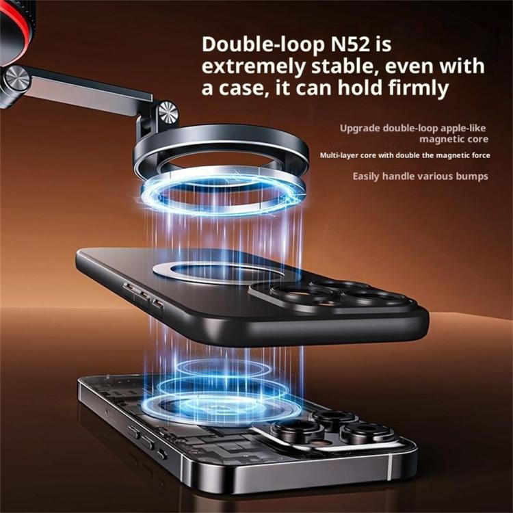 Black phone holder cradle with magnetic top mount and double-loop suction base