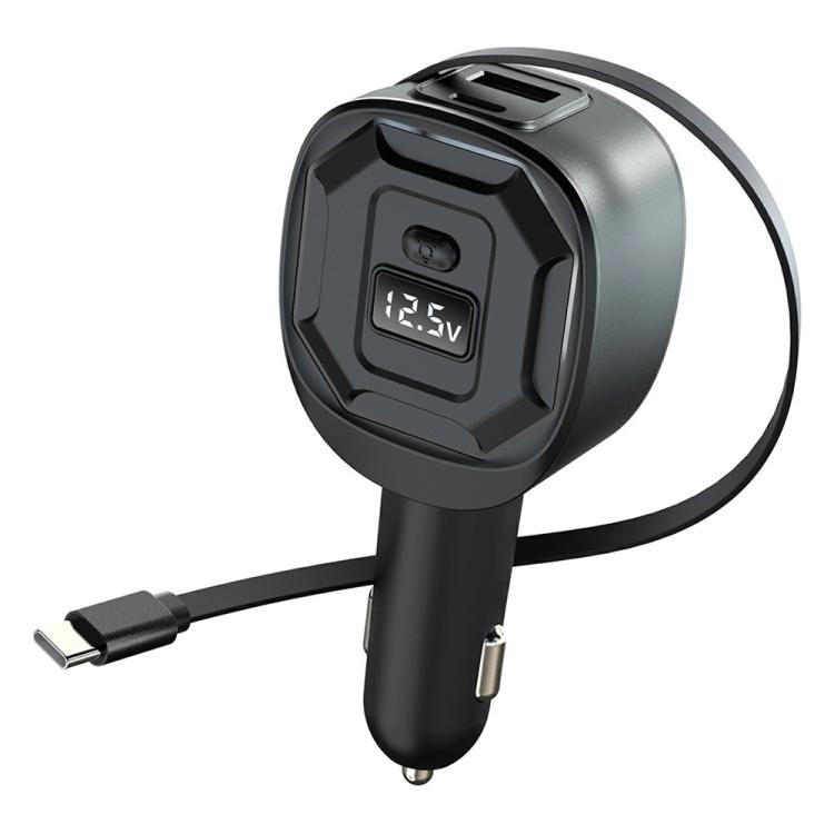 Retractable car charger with LED voltage display and USB-C cable, black