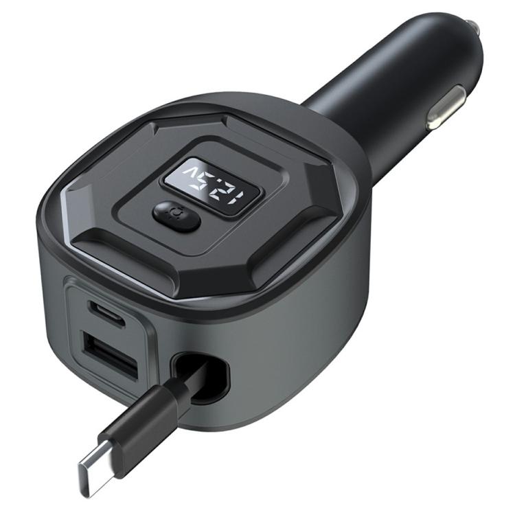 Compact retractable car charger with LED voltage display, USB port, black
