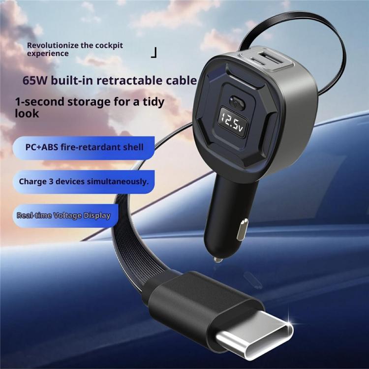 Retractable car charger adapter with LED voltage display and USB-C connector, black