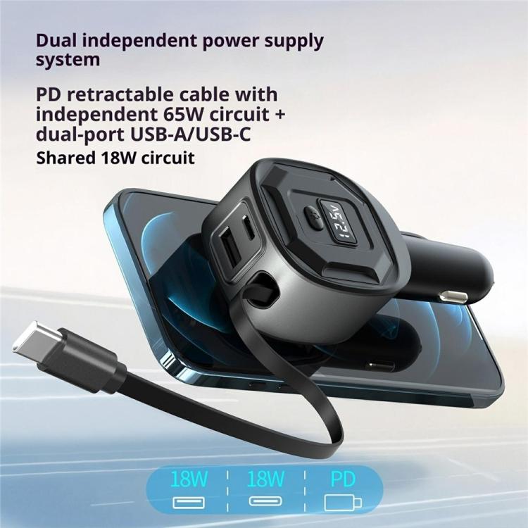 Car charger adapter with USB-A and USB-C ports and retractable cable, black