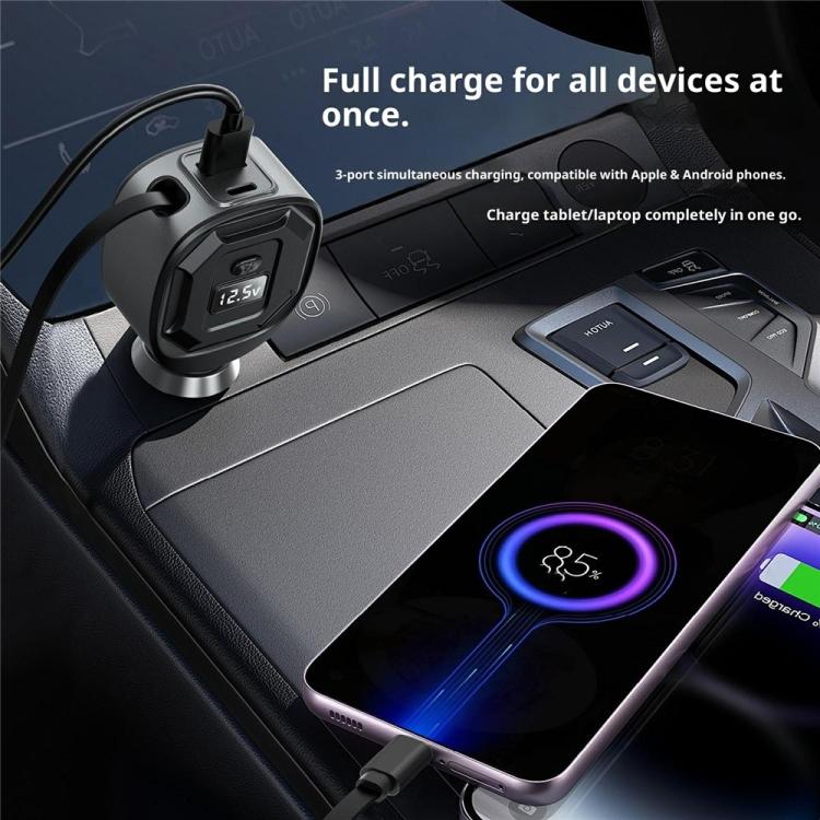 Multi-port car charging adapter with LED voltage display and retractable cable, black