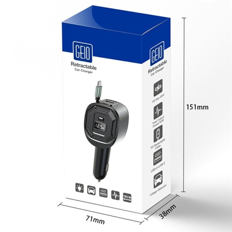 GE10 retractable car charger retail box with LED voltage display, black device