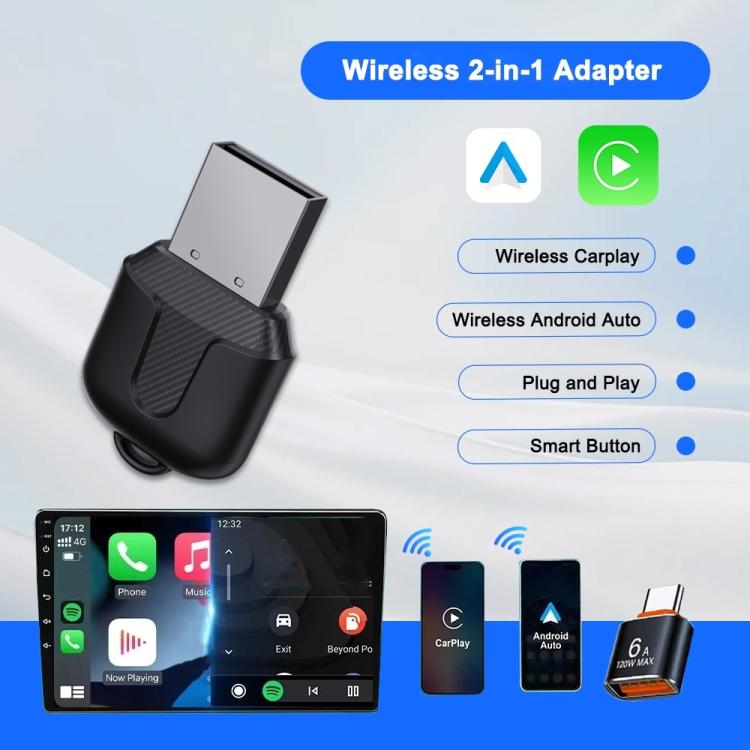 Black wireless 2-in-1 CarPlay/Android Auto adapter with indicator-ready design