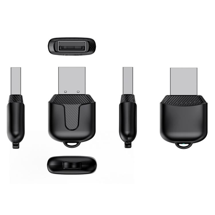 Black wireless 2-in-1 adapter shown from multiple angles with compact dongle