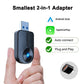 2-in-1 car wireless adapter held in hand, carbon-fiber case and blue LED ring