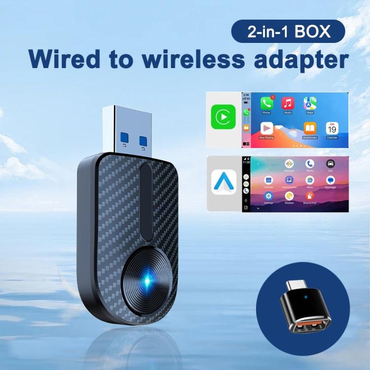 2-in-1 car wireless adapter with carbon-fiber body and blue LED ring, USB connector