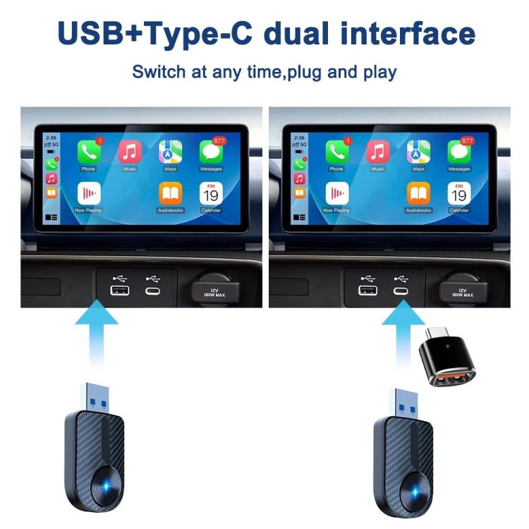 Car adapter with USB and Type-C dual interface, blue LED ring on carbon-fiber case