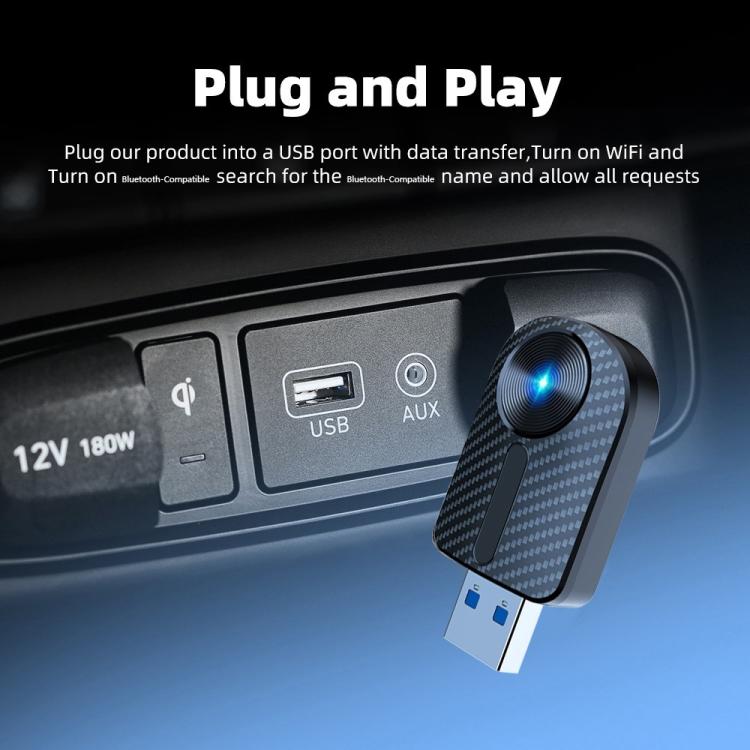 USB car adapter with blue LED ring, carbon-fiber housing plugged into port