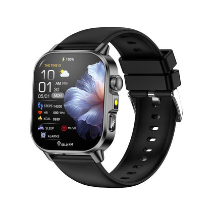ET571 smartwatch with black silicone strap, silver-tone case and health display