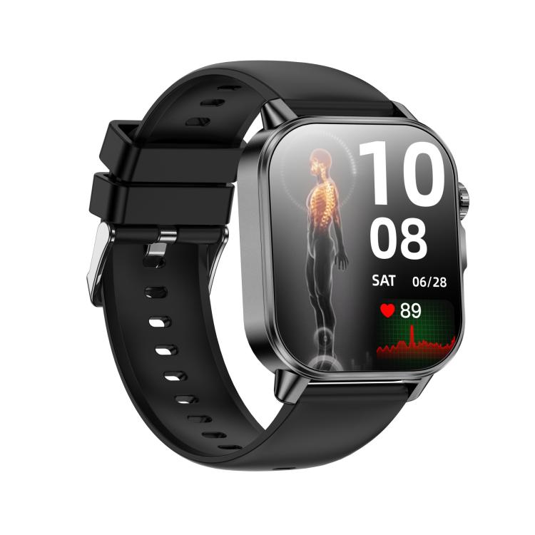 ET571 smartwatch rear view showing sensor, black strap and metal case