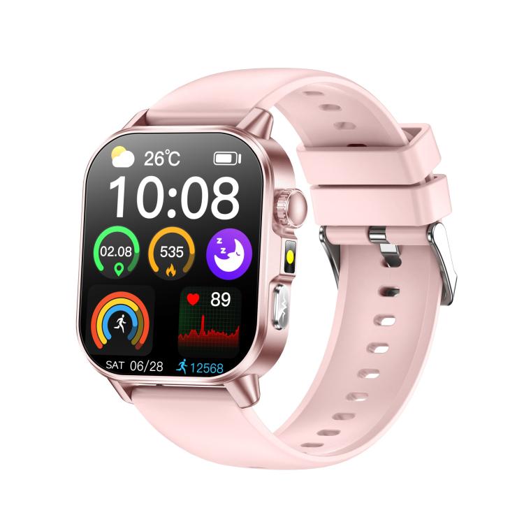 ET571 smartwatch with pale pink silicone strap and colorful display