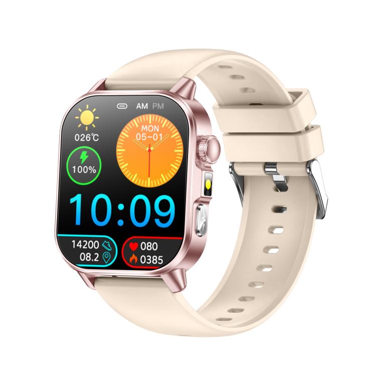 ET571 smartwatch with beige strap, rose-tone case and digital display