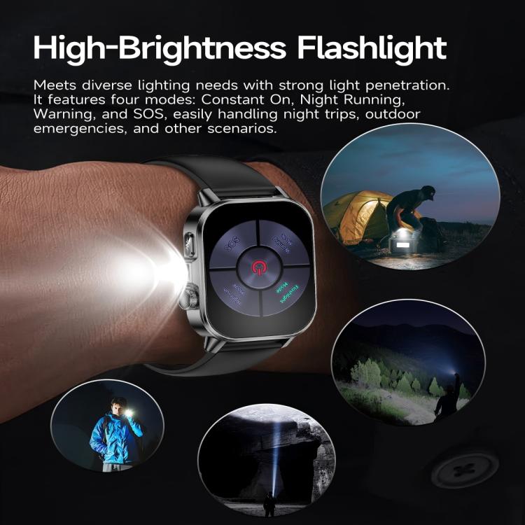 ET571 smartwatch showing flashlight controls, with its built-in light switched on