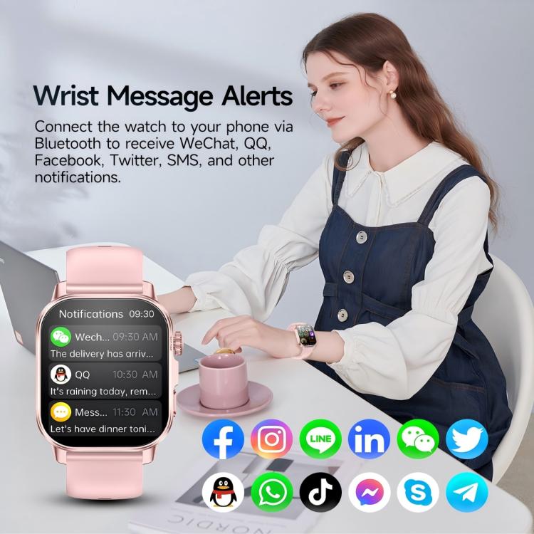Pink smartwatch with a large color display showing message notifications and a silicone strap
