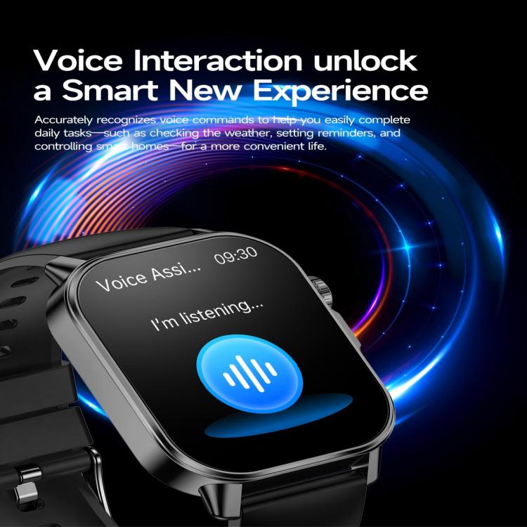Black smartwatch with a color touchscreen showing a voice assistant interface and silicone strap