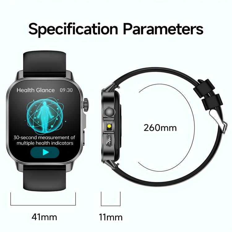 Black smartwatch shown from the front and side, with a silicone strap and health monitoring display