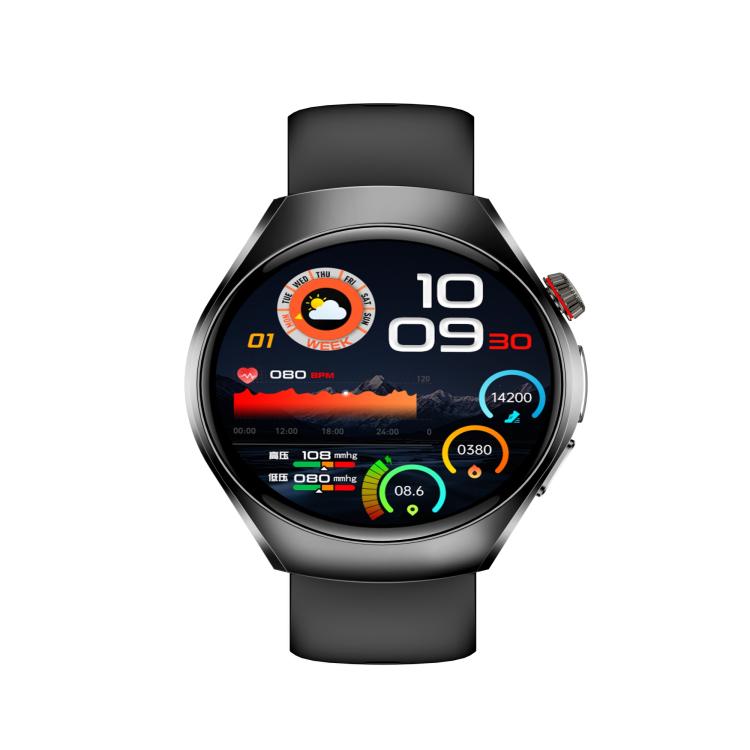 ET460 smart watch with round color screen, silver case, and black strap