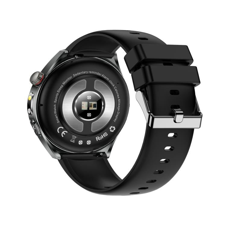 Back of the ET460 smart watch showing its sensor array and black silicone strap